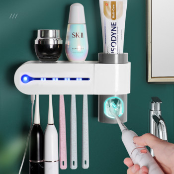 Стенен държач за четка за зъби Изстисквачка за паста за зъби Автоматичен дозатор за паста за зъби Комплект аксесоари за съхранение в банята