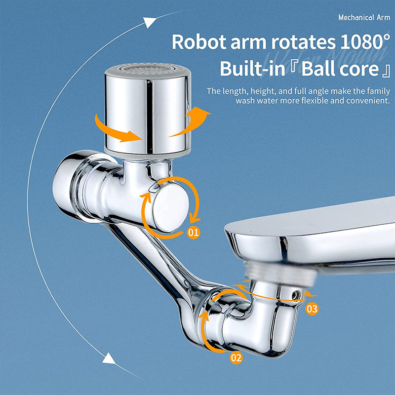 Plastična višenamjenska rotacijska produžna slavina, srebrna, 2 načina rada, umivaonik, rotirajući produžni nastavak za slavinu, univerzalni nastavak za kupaonsku slavinu