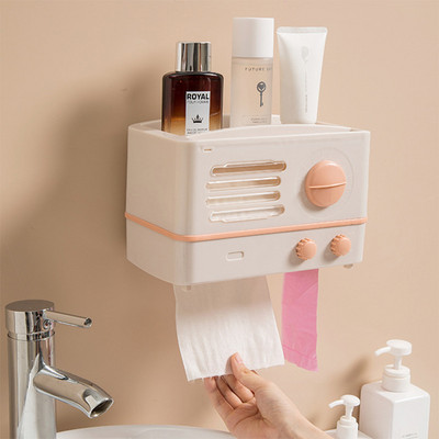 Ретро радио кутия за кърпички Стенен държач за тоалетна хартия Водоустойчива ролка Хартиена тръба Тава за съхранение Поставка за съхранение Продукт за баня