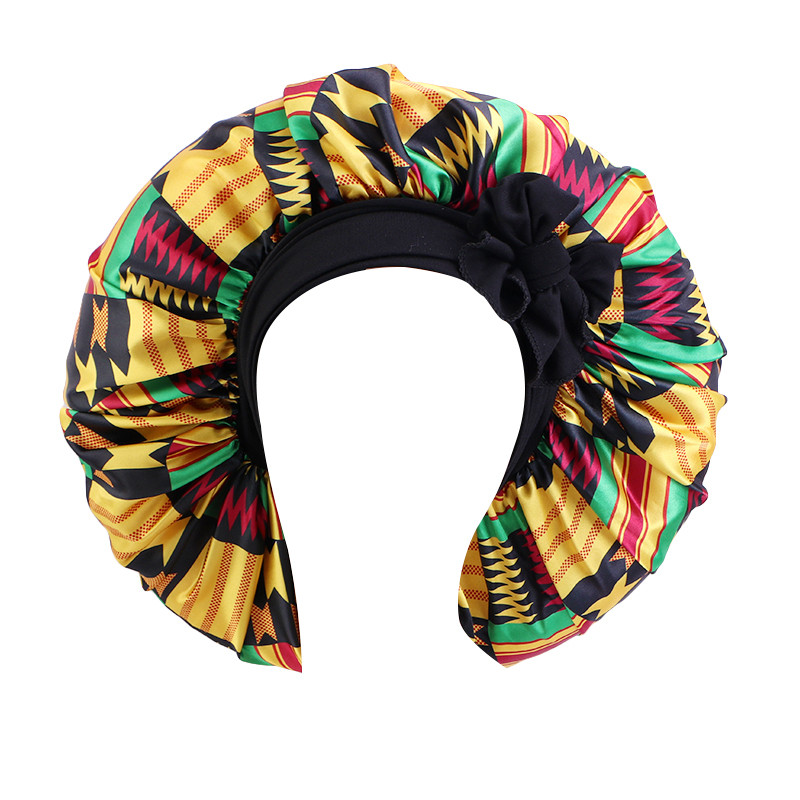 Capota de dormit extra mare din satin Boneta de par pentru femei model african cu imprimeu Ankara Bonete cu coada lunga Caciula cu banda larga elastica