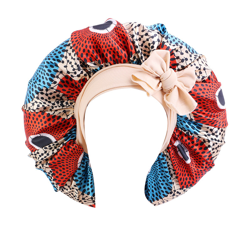 Capota de dormit extra mare din satin Boneta de par pentru femei model african cu imprimeu Ankara Bonete cu coada lunga Caciula cu banda larga elastica