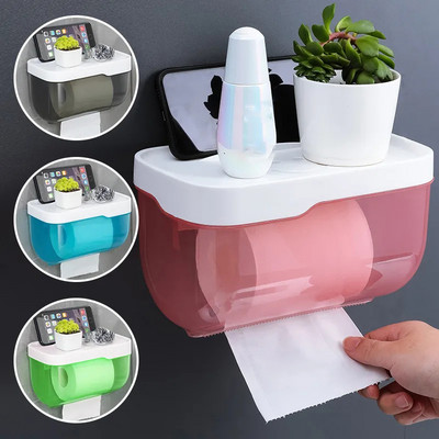 Монтиране на стена Държач за кърпички Водоустойчива кутия за кърпички за баня Самозалепваща се многофункционална стойка за съхранение, без пробиви Консумативи за баня