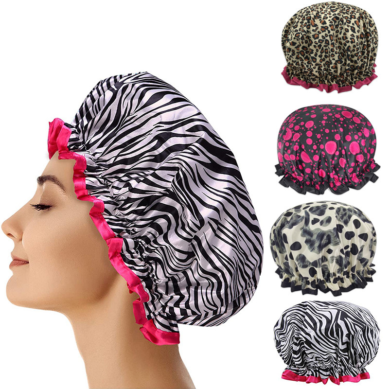 Ūdensnecaurlaidīga sieviešu dušas cepure gariem matiem, meitenes plastmasas dušas cepures Leoparda vannas cepure Vannas istabas piederumi