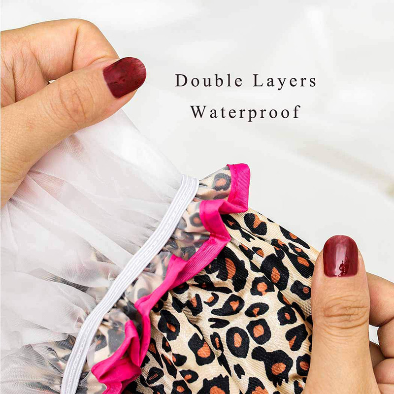 Ūdensnecaurlaidīga sieviešu dušas cepure gariem matiem, meitenes plastmasas dušas cepures Leoparda vannas cepure Vannas istabas piederumi