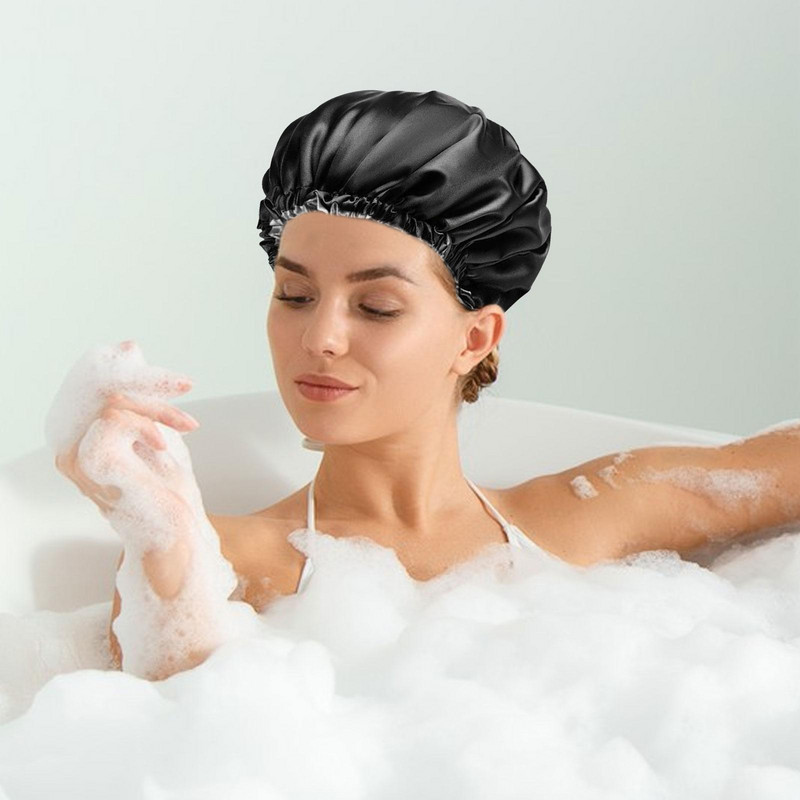Kapa za tuširanje Dvoslojna ženska satenska kapa za spavanje Šešir za spavanje Ženska kapa za kosu za višekratnu upotrebu Crna navlaka za glavu Pribor za tuširanje
