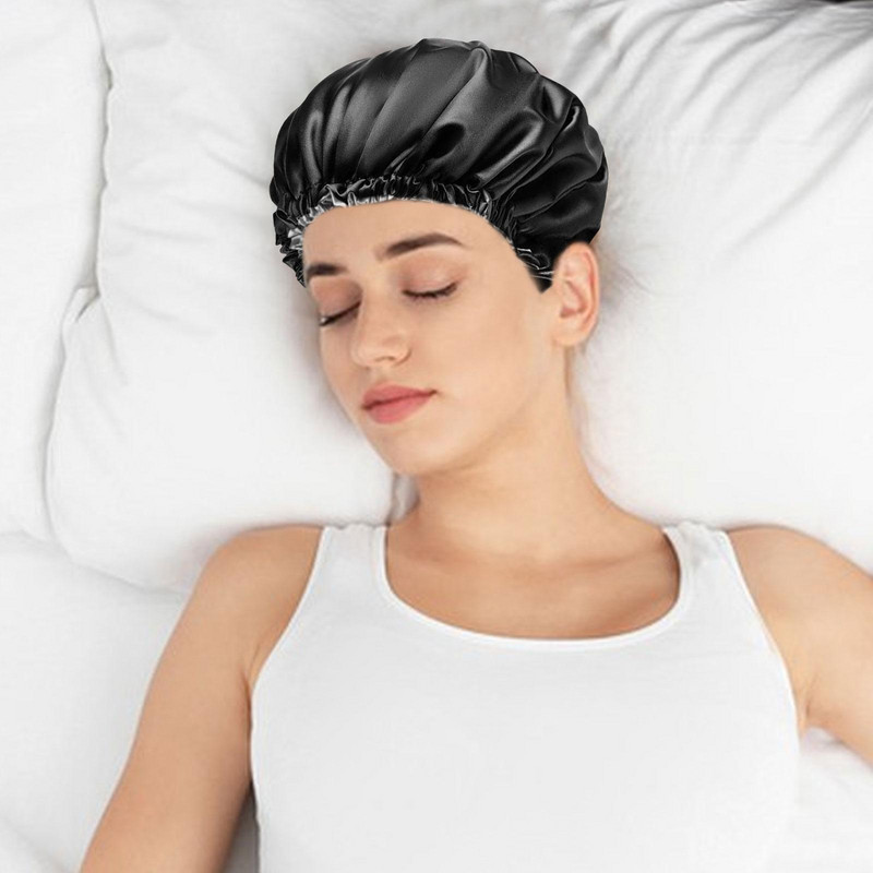 Kapa za tuširanje Dvoslojna ženska satenska kapa za spavanje Šešir za spavanje Ženska kapa za kosu za višekratnu upotrebu Crna navlaka za glavu Pribor za tuširanje