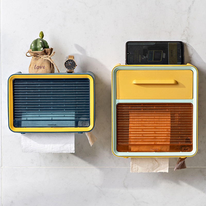 Daudzfunkcionāla audumu uzglabāšanas kaste Bez perforatora ūdensnecaurlaidīga tualetes rullīšu papīra plaukts pie sienas stiprināma tualetes papīra atvilktnes kaste