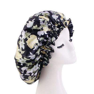 Divu slāņu pārsegu elastīga, apgriežama īpaši liela satīna guļamcepure cirtainiem dabīgiem matiem Sieviešu meitenes galvas ietīšana dušas cepure