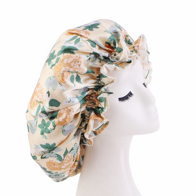 Divu slāņu pārsegu elastīga, apgriežama īpaši liela satīna guļamcepure cirtainiem dabīgiem matiem Sieviešu meitenes galvas ietīšana dušas cepure