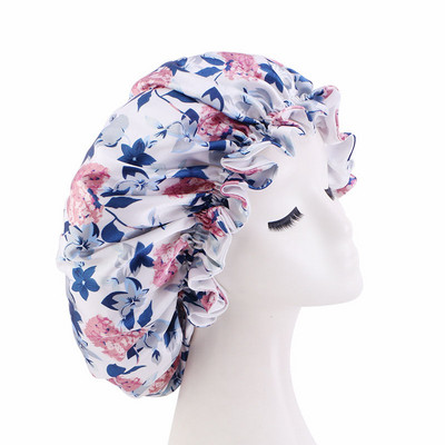 Divu slāņu pārsegu elastīga, apgriežama īpaši liela satīna guļamcepure cirtainiem dabīgiem matiem Sieviešu meitenes galvas ietīšana dušas cepure