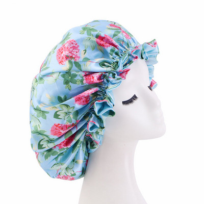 Divu slāņu pārsegu elastīga, apgriežama īpaši liela satīna guļamcepure cirtainiem dabīgiem matiem Sieviešu meitenes galvas ietīšana dušas cepure