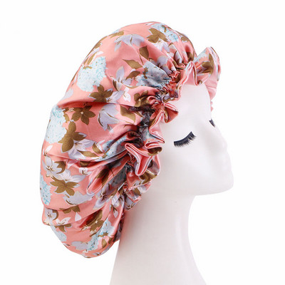 Divu slāņu pārsegu elastīga, apgriežama īpaši liela satīna guļamcepure cirtainiem dabīgiem matiem Sieviešu meitenes galvas ietīšana dušas cepure