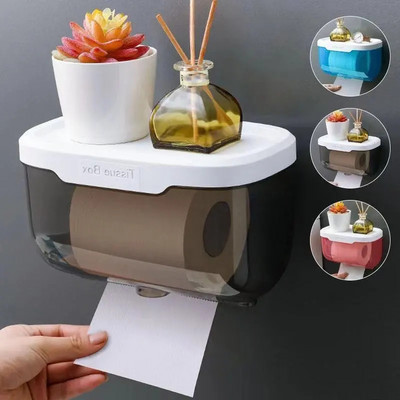 Прозрачна кутия за кърпички за баня, без пробиви, монтиран на стена калъф за тоалетна хартия, поставка за телефон, водоустойчив рафт, органайзер, държач за хартия