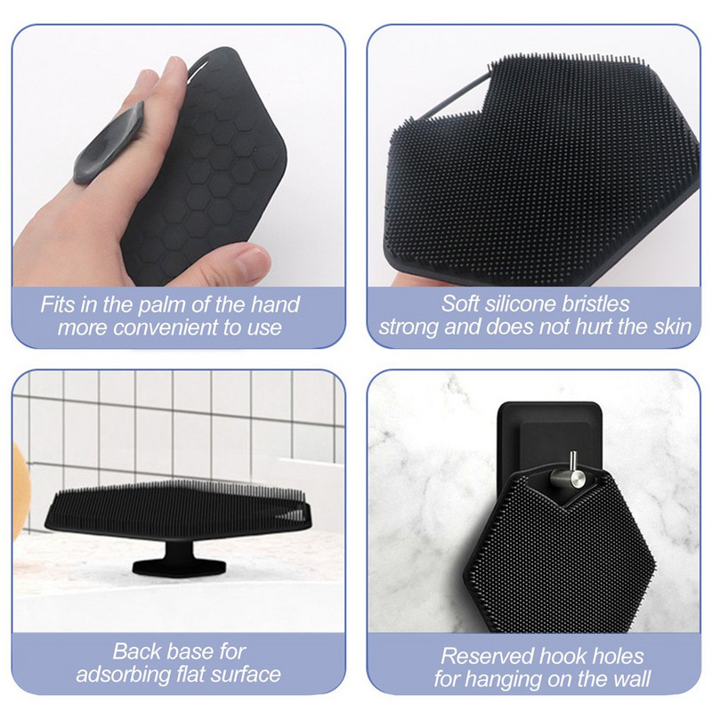 Juodas moterų/vyrų/vaikų vonios šepetys Daugiakampis silikoninis vonios šepetėlis Nešiojamas prie sienos tvirtinamas silikoninis šampūno šepetėlis vonios šepetys