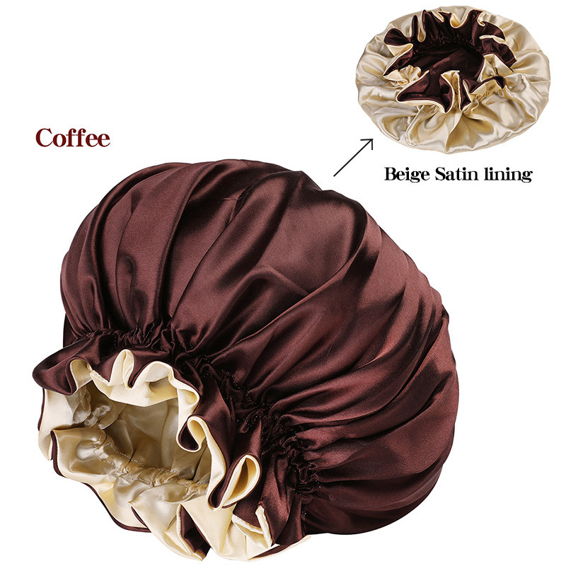 Liela izmēra elastīga divslāņu satīna pārsega nakts cepure sievietēm apaļa dušas cepure nakts miegam saliekama poliestera cepure vienkrāsains