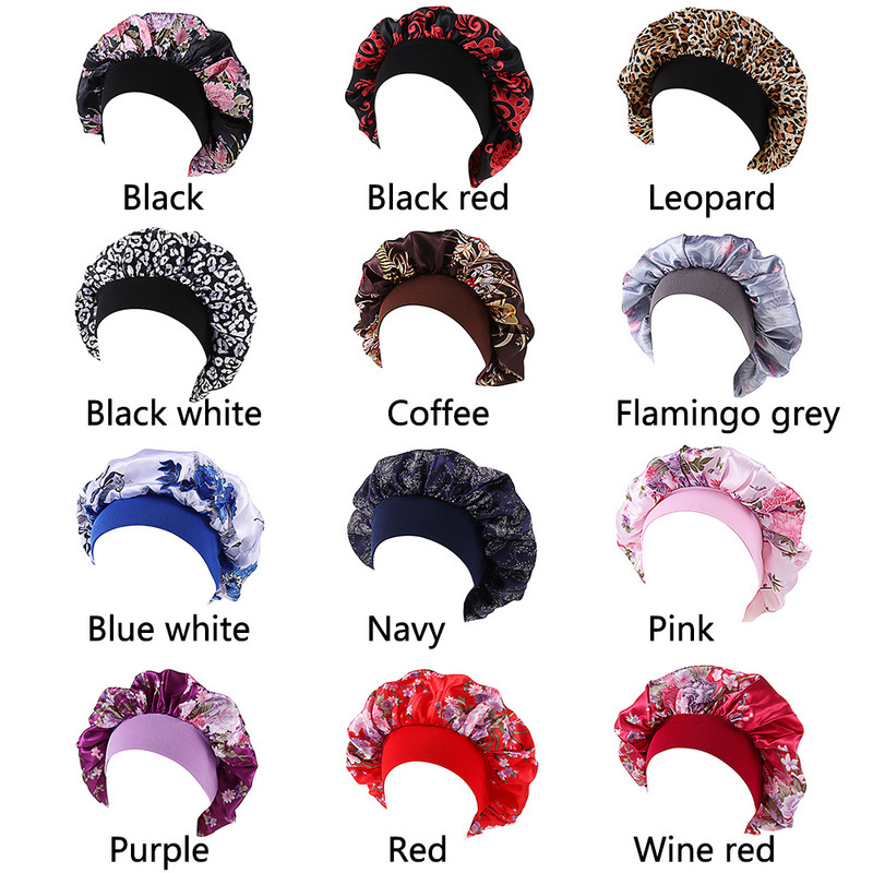 Sieviešu miega nakts cepure Mīksta elastīga platjoslas apdruka Satīna cepure Skaistuma matu kopšana Beanies Chemo Cepures Cirtaini Atsperīgi Matu Pārsegs