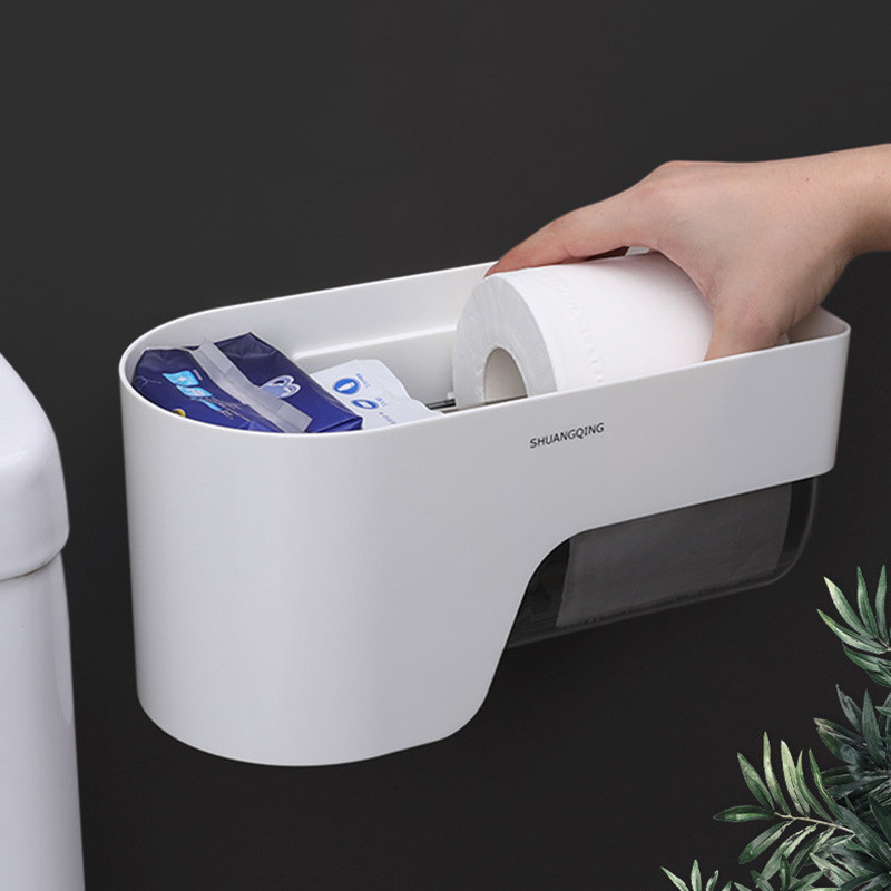 BAISPO pārnēsājamais tualetes papīra turētājs, ūdensnecaurlaidīgs uzglabāšanas kaste, pie sienas stiprināms rullīšu papīra dozators tualetes vannas istabas piederumu komplektam
