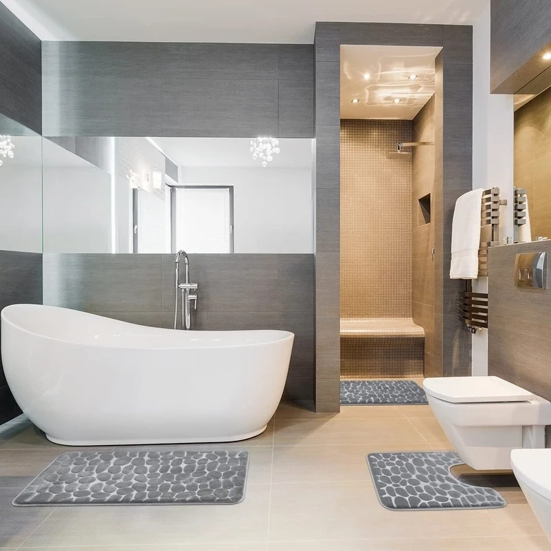 Set od 3 kupaonske prostirke za kupanje Set mekanih neklizajućih prostirki od 2 kom. Popločane prostirke Kupaonski tepih Upijajući tepisi za tuširanje Podna navlaka za WC školjku