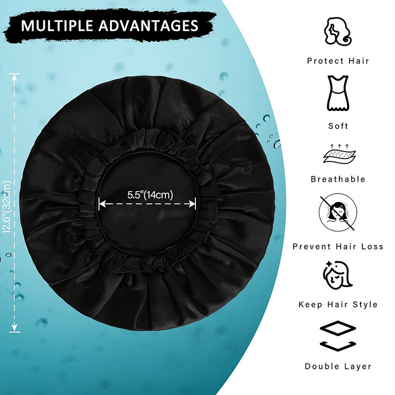 Dušas cepure Atkārtoti lietojama īpaši liela vannas cepure sievietēm Vīriešu satīna divslāņu EVA ūdensizturīgas garu matu cepures