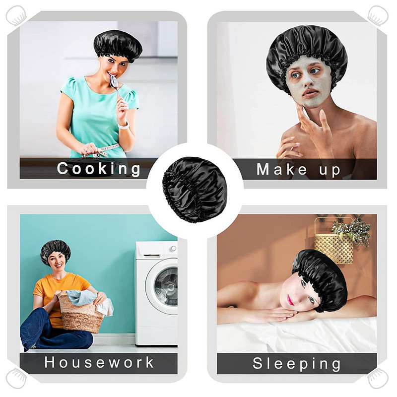 Dušas cepure Atkārtoti lietojama īpaši liela vannas cepure sievietēm Vīriešu satīna divslāņu EVA ūdensizturīgas garu matu cepures