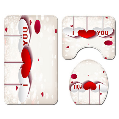 Zeegle Love Heart Print Zavjesa za tuš Zavjesa za kupaonicu Set prostirki za WC U tip Podnožje Tepih Neklizajući Otirač za WC Pribor za kupanje