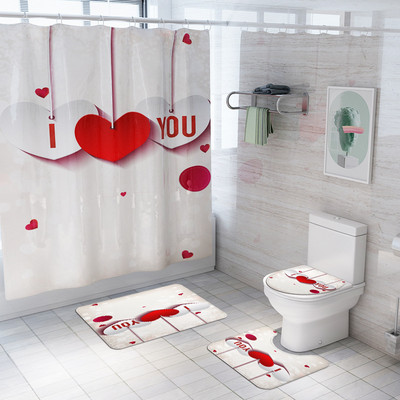 Zeegle Love Heart Print Zavjesa za tuš Zavjesa za kupaonicu Set prostirki za WC U tip Podnožje Tepih Neklizajući Otirač za WC Pribor za kupanje