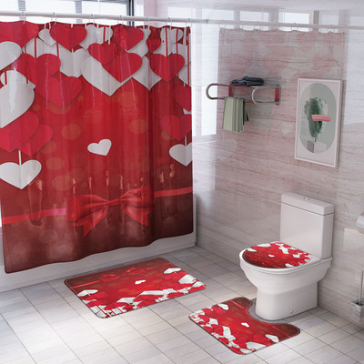 Zeegle Love Heart Print Zavjesa za tuš Zavjesa za kupaonicu Set prostirki za WC U tip Podnožje Tepih Neklizajući Otirač za WC Pribor za kupanje