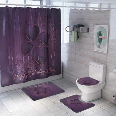 Zeegle Love Heart Print Zavjesa za tuš Zavjesa za kupaonicu Set prostirki za WC U tip Podnožje Tepih Neklizajući Otirač za WC Pribor za kupanje