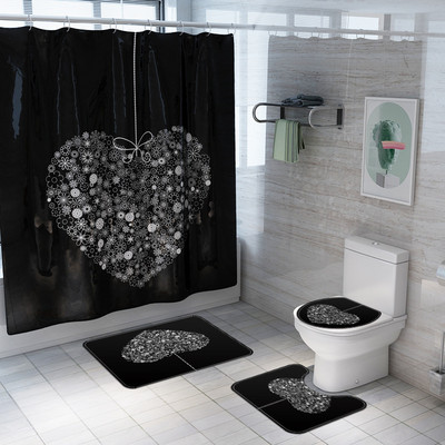 Zeegle Love Heart Print Zavjesa za tuš Zavjesa za kupaonicu Set prostirki za WC U tip Podnožje Tepih Neklizajući Otirač za WC Pribor za kupanje