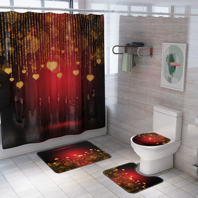 Zeegle Love Heart Print Zavjesa za tuš Zavjesa za kupaonicu Set prostirki za WC U tip Podnožje Tepih Neklizajući Otirač za WC Pribor za kupanje