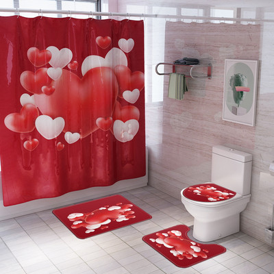 Zeegle Love Heart Print Zavjesa za tuš Zavjesa za kupaonicu Set prostirki za WC U tip Podnožje Tepih Neklizajući Otirač za WC Pribor za kupanje