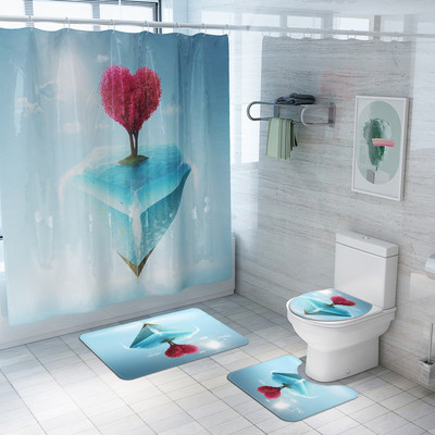 Zeegle Love Heart Print Zavjesa za tuš Zavjesa za kupaonicu Set prostirki za WC U tip Podnožje Tepih Neklizajući Otirač za WC Pribor za kupanje