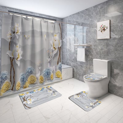 Gėlių Europos stiliaus namų dekoro tualeto kilimėlis vonios kilimėlis ir dušo užuolaidų rinkinys vonios kambario kilimų rinkinys neslystantis vonios kilimėlis kojoms