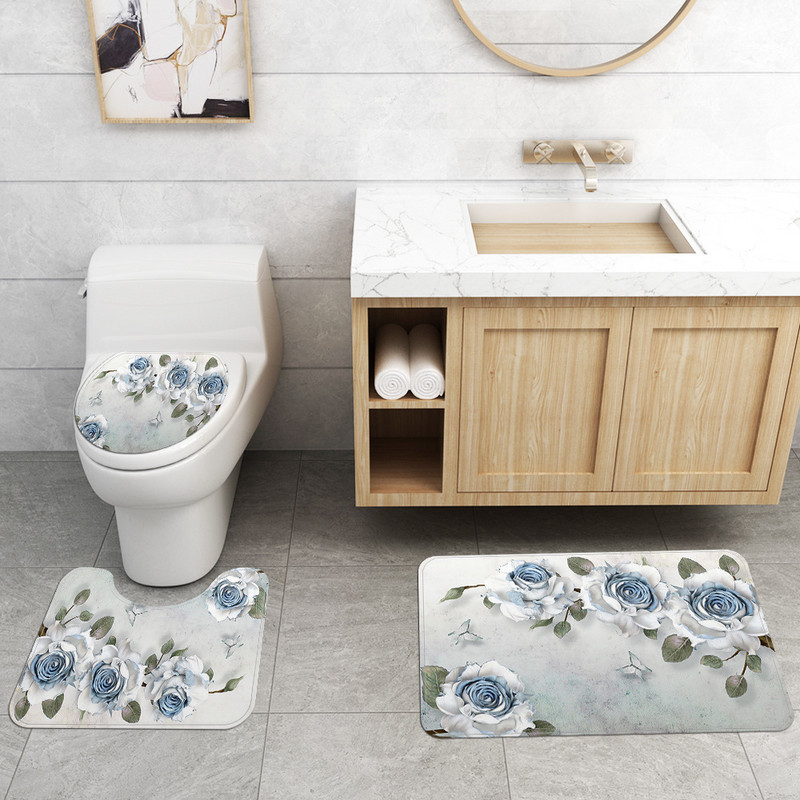 Gėlių Europos stiliaus namų dekoro tualeto kilimėlis vonios kilimėlis ir dušo užuolaidų rinkinys vonios kambario kilimų rinkinys neslystantis vonios kilimėlis kojoms