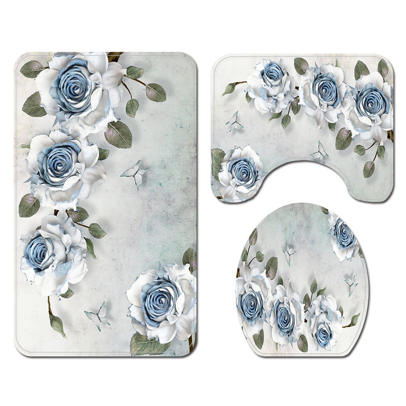 Gėlių Europos stiliaus namų dekoro tualeto kilimėlis vonios kilimėlis ir dušo užuolaidų rinkinys vonios kambario kilimų rinkinys neslystantis vonios kilimėlis kojoms
