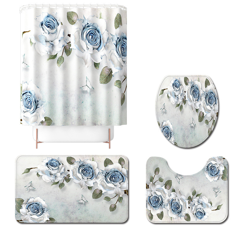 Gėlių Europos stiliaus namų dekoro tualeto kilimėlis vonios kilimėlis ir dušo užuolaidų rinkinys vonios kambario kilimų rinkinys neslystantis vonios kilimėlis kojoms