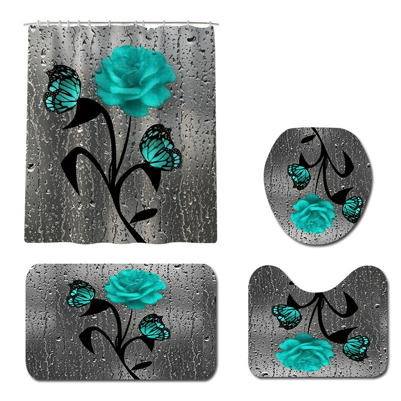 Ziedu vannas paklājiņš un dušas aizkaru komplekts Dušas aizkars ar āķiem Vannas paklāji Neslīdoši vannas istabas paklājs tualetes kāju paliktnis vannas paklājiņš