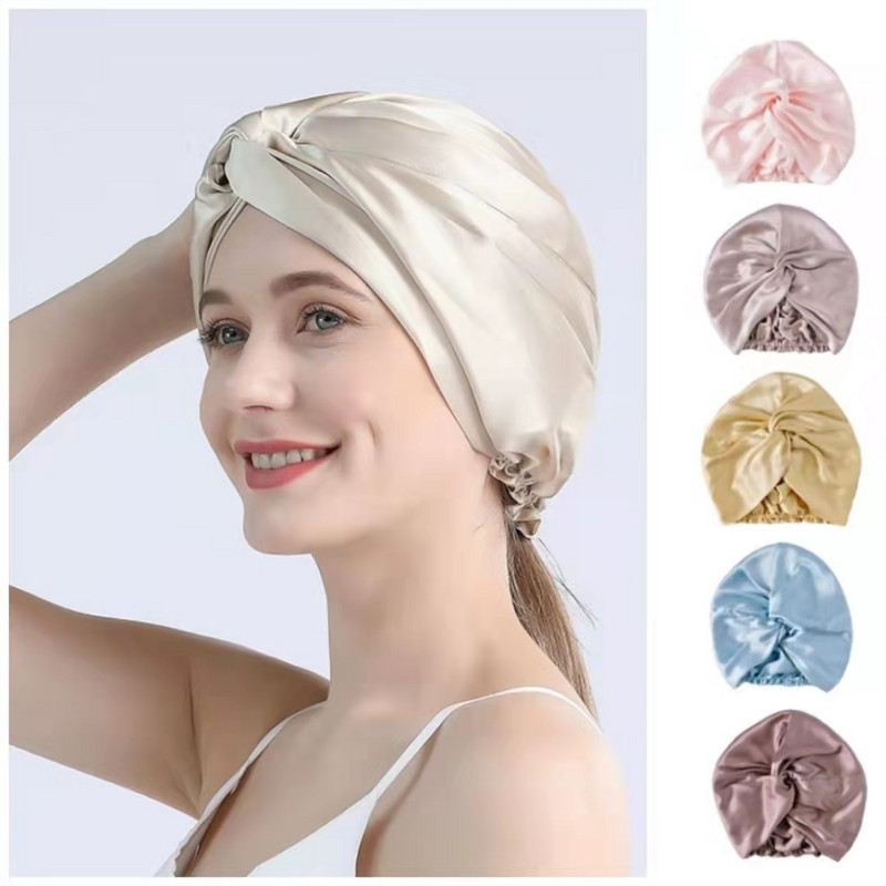100 Mulberry Silk Turban Bonnets Sievietēm Twisted Sleeping Night Cap 19 Momme Pure Silk Hair Wrap Cap Forly Ladies Headwrap