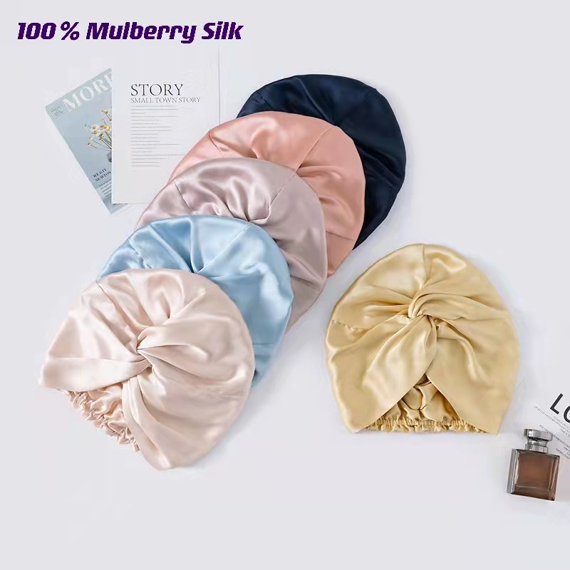 100 Mulberry Silk Turban Bonnets Sievietēm Twisted Sleeping Night Cap 19 Momme Pure Silk Hair Wrap Cap Forly Ladies Headwrap