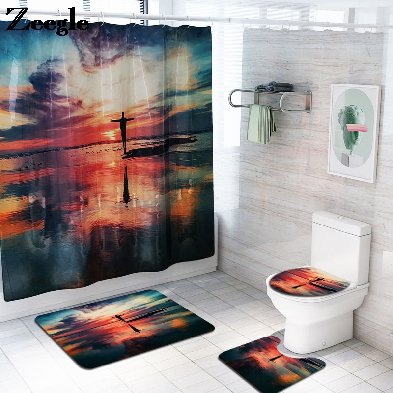 Set prostirki za kupanje sa slikovitim uzorkom pastoralnog stila s vodootpornom zavjesom za tuš Upijajuća podna prostirka za WC Podna prostirka za kupaonicu Tepisi za kupaonicu