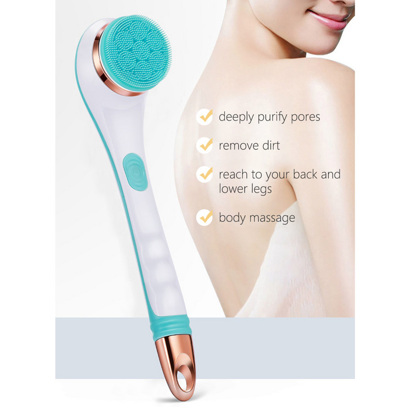 Elektriskā masētāja silikona vannas birste muguras skruberis 4 birstes galviņas USB uzlādējama rotējoša dušas suka 2 ātrumi garš rokturis