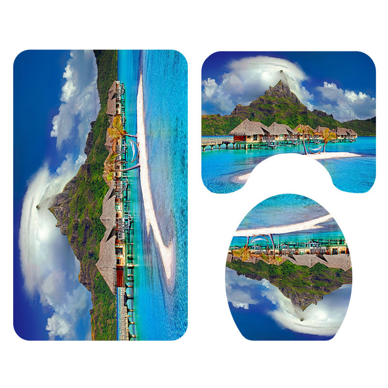 Zeegle 3D drukāts dabīgs tualetes paklāja komplekts ar dušas aizkaru, mikrošķiedras vannas istabas kāju paklājiņš Neslīdošs grīdas paklājs tualetes dekoru paklājs