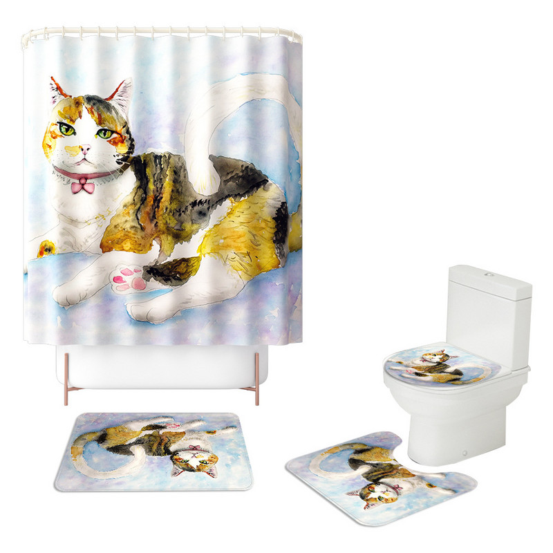 Vannas istabas paklāju dušas aizkaru komplekts kaķim apdrukāts paklājs grīdas paklājs tualetes vannas paklāja komplekts vannas istabas dekors aizkari neslīdošs paklāja paliktnis