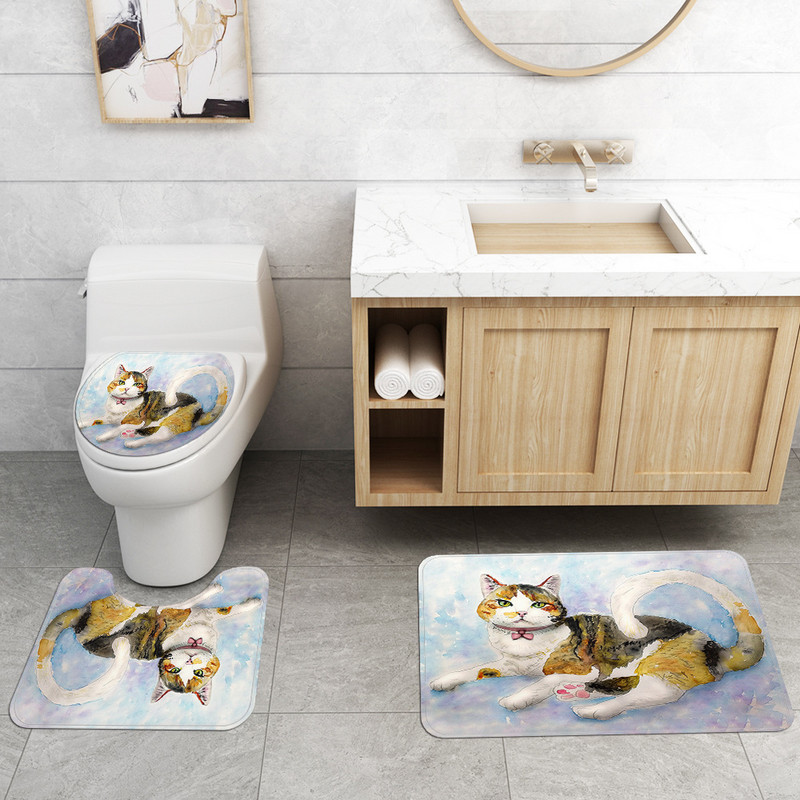 Vannas istabas paklāju dušas aizkaru komplekts kaķim apdrukāts paklājs grīdas paklājs tualetes vannas paklāja komplekts vannas istabas dekors aizkari neslīdošs paklāja paliktnis