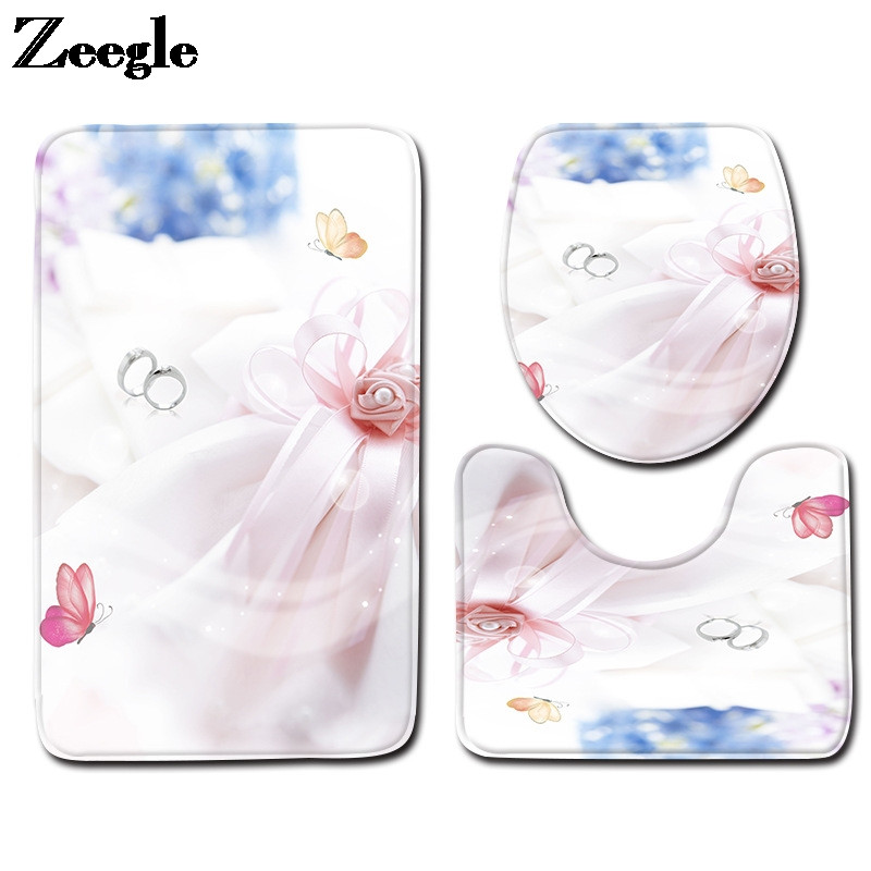 Valentīndienas stila vannas paklājiņš vannas istabā Tualetes sēdekļa spilvens Mājas noformējums Ūdensnecaurlaidīgs pēdu paklāja komplekts vannas istabas paklājā