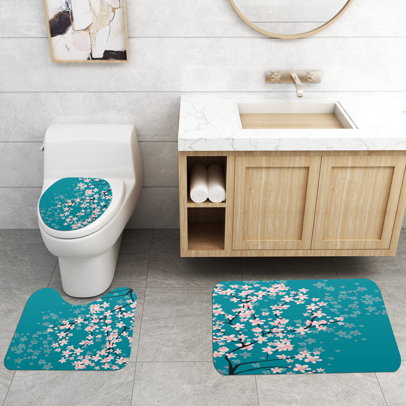 Klasisks ziedu vannas paklājs vannas istabai, neslīdošs mikrošķiedras vannas paklājiņš un dušas aizkaru komplekts Vannas paklājs tualetes vannas istabas paklājs