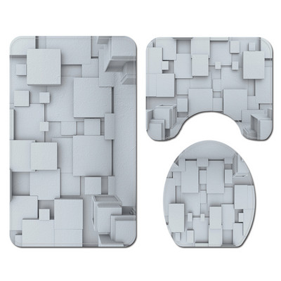 Vannas paklājiņš un ūdensnecaurlaidīgs dušas aizkaru komplekts 3D svītru drukāšana Vannas istabas paklāja paklājs flaneļa U-veida tualetes paklājs Neslīdošs kāju paklājiņš