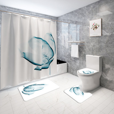 Ar ziediem apdrukātu vannas istabas paklāju paklāju vannas paklājiņa komplekts Poliestera ūdensnecaurlaidīgs dušas aizkaru mājas dekors tualetes paklājiņš pret slīdēšanu kājām