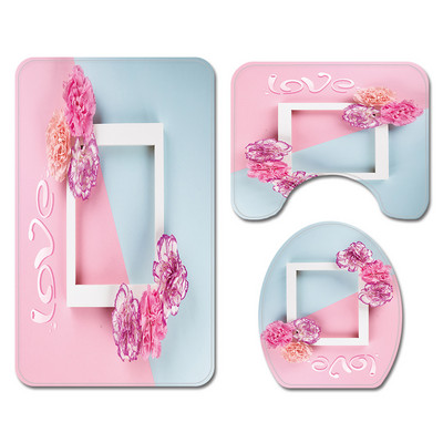 Ar ziediem apdrukātu vannas istabas paklāju paklāju vannas paklājiņa komplekts Poliestera ūdensnecaurlaidīgs dušas aizkaru mājas dekors tualetes paklājiņš pret slīdēšanu kājām