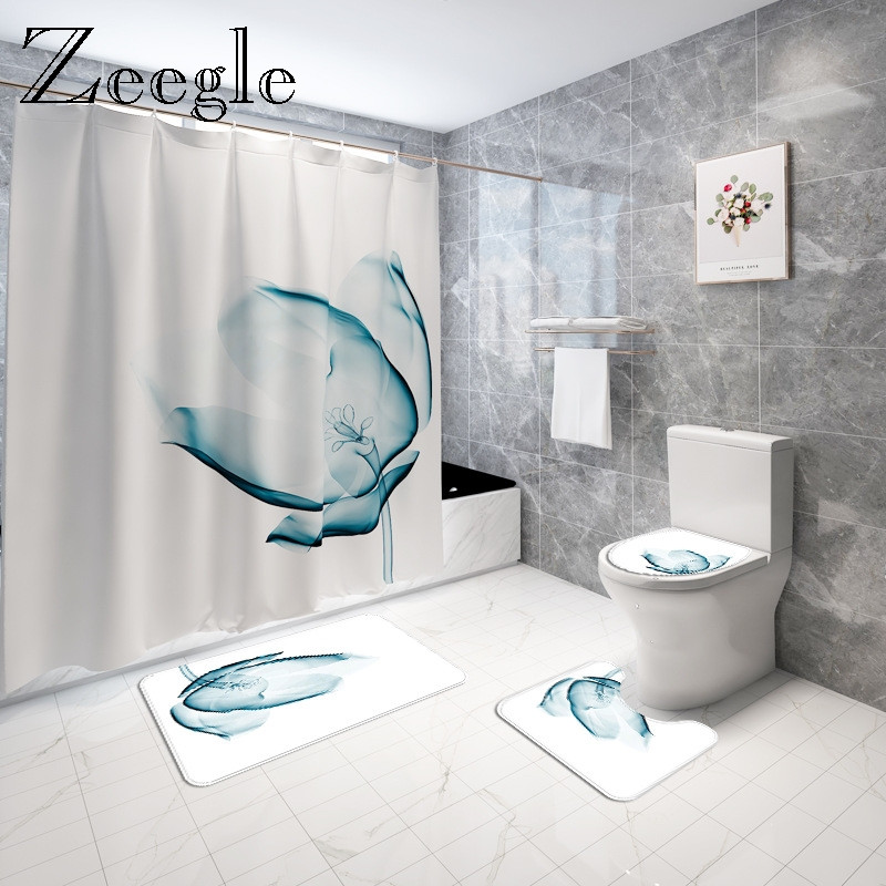 Ar ziediem apdrukātu vannas istabas paklāju paklāju vannas paklājiņa komplekts Poliestera ūdensnecaurlaidīgs dušas aizkaru mājas dekors tualetes paklājiņš pret slīdēšanu kājām